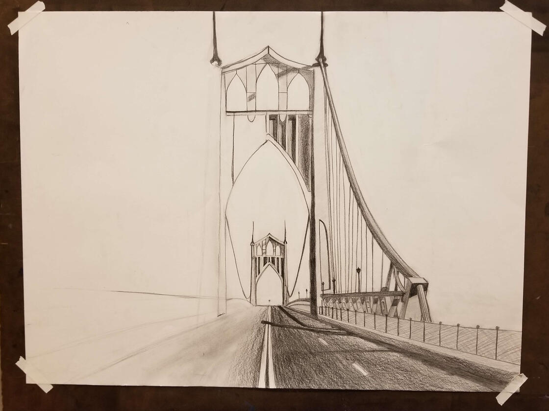 A halfway completed pencil drawing of St. John's Bridge.